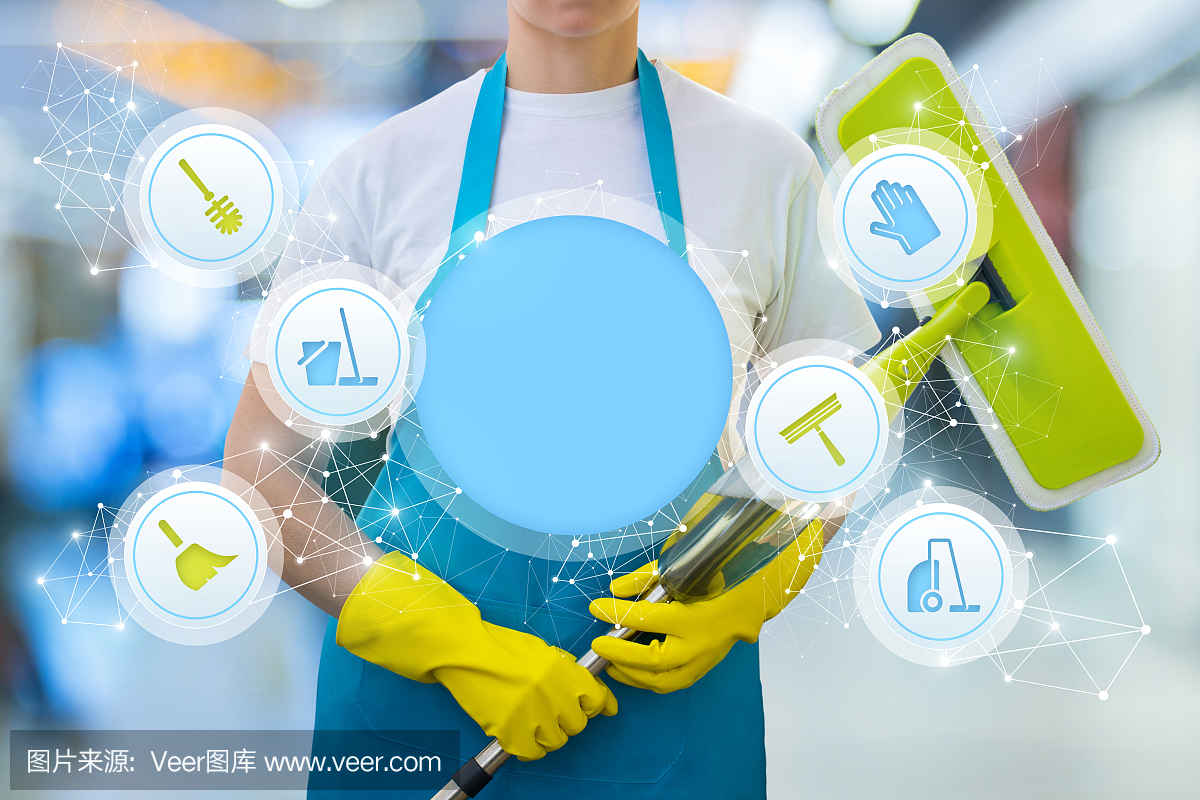 帶有清潔服務圖標的清潔工。